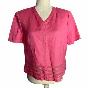 Vintage Linen Silk Button Down Top M Pink V Neck